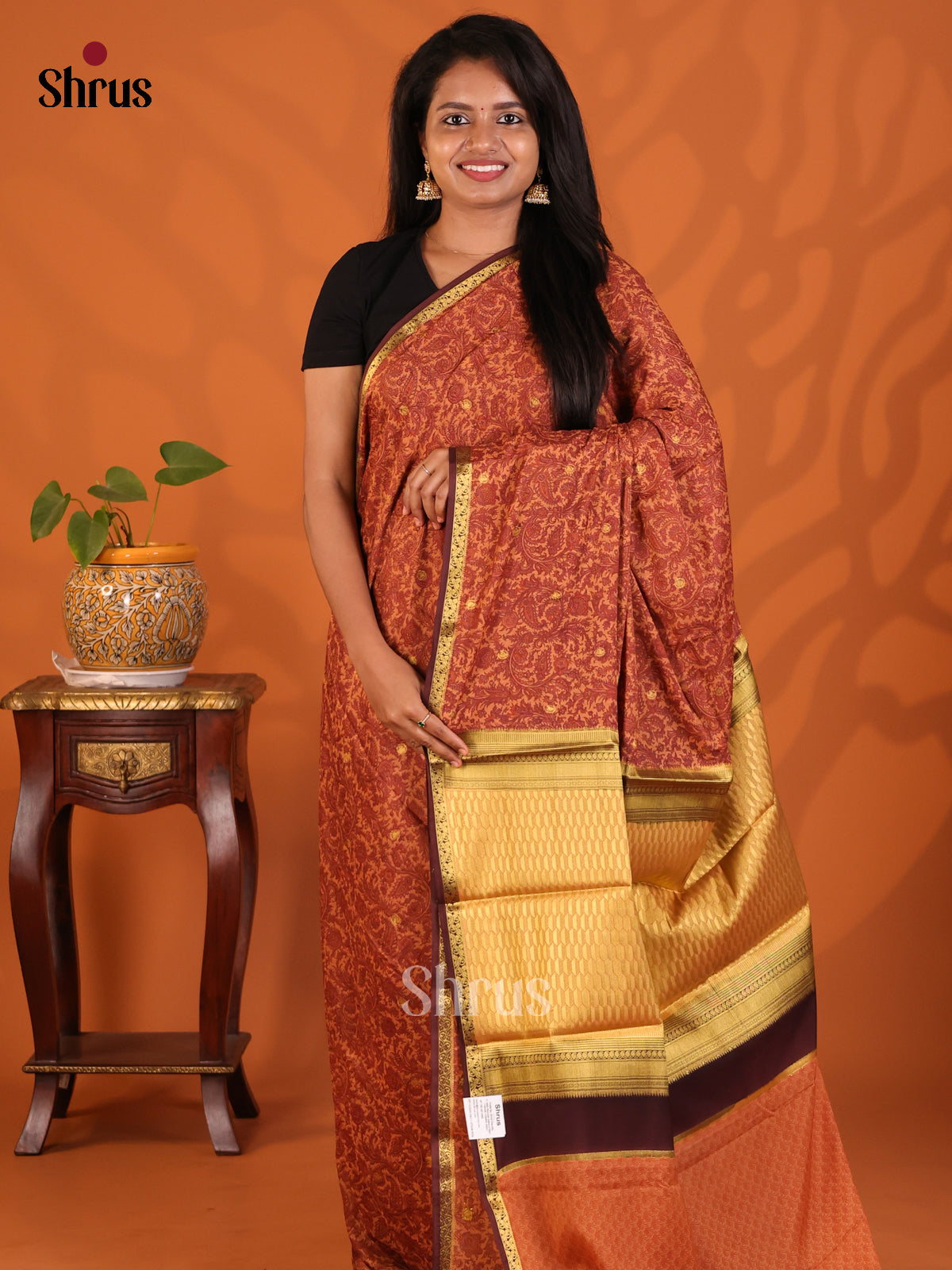 Rust with Brown - Semi Mysoresilk Saree - Shop on Shrus.com