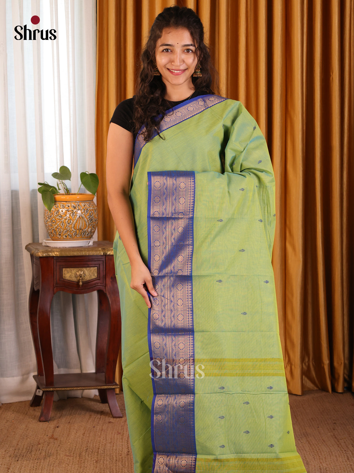 Pista Green with Blue- Chettinad Cotton Saree - Shop on Shrus.com
