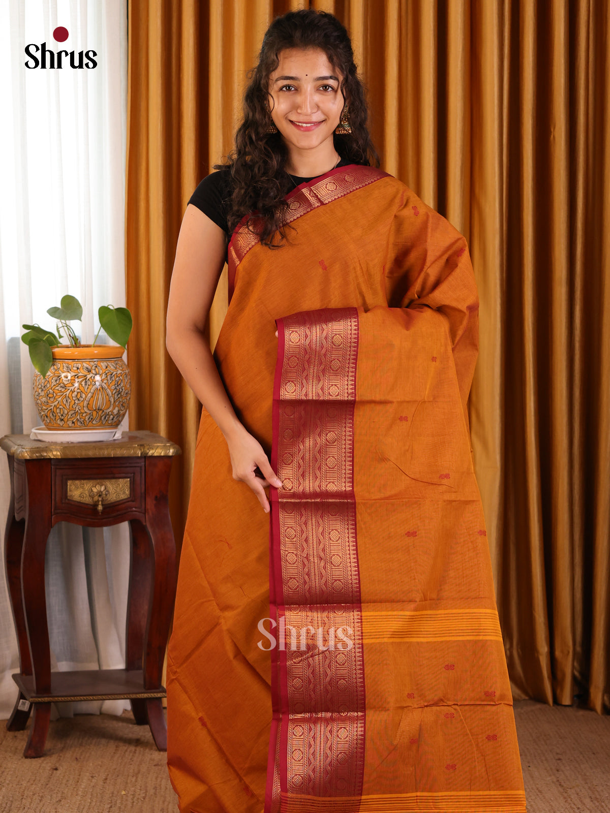 Vibrant Mustard Chettinad Cotton Saree with Maroon Zari Border & Thread Buttas - Shop on Shrus.com