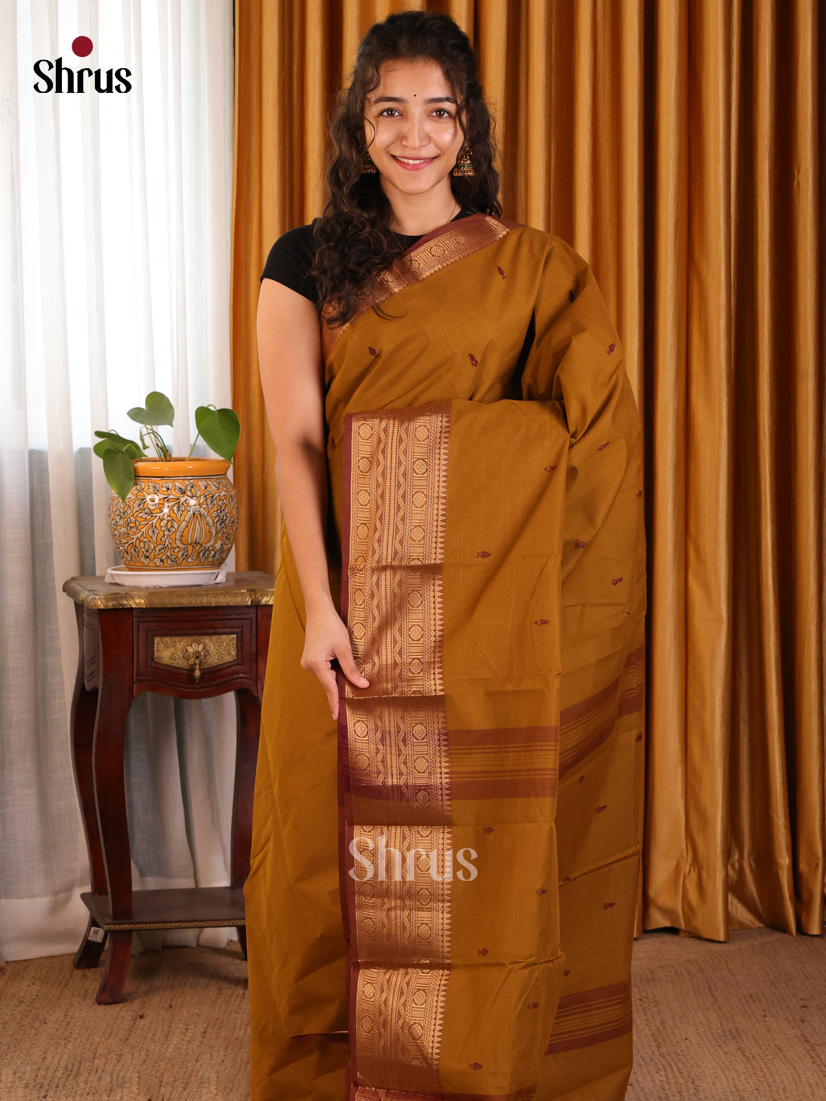 Dark Mustard & Brown Chettinad Cotton Saree With Thread Woven Buttas & Zari Border - Shop on Shrus.com