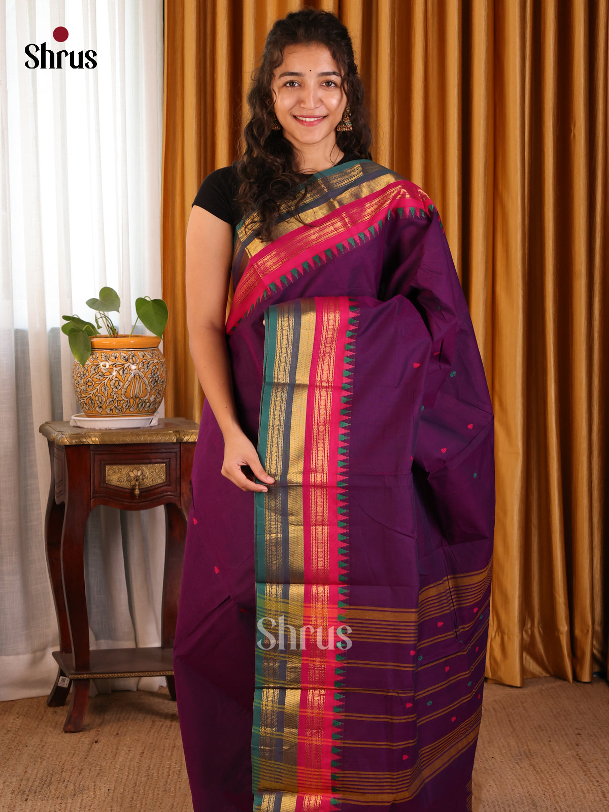 Violet with Green- Chettinad Cotton Saree - Shop on Shrus.com