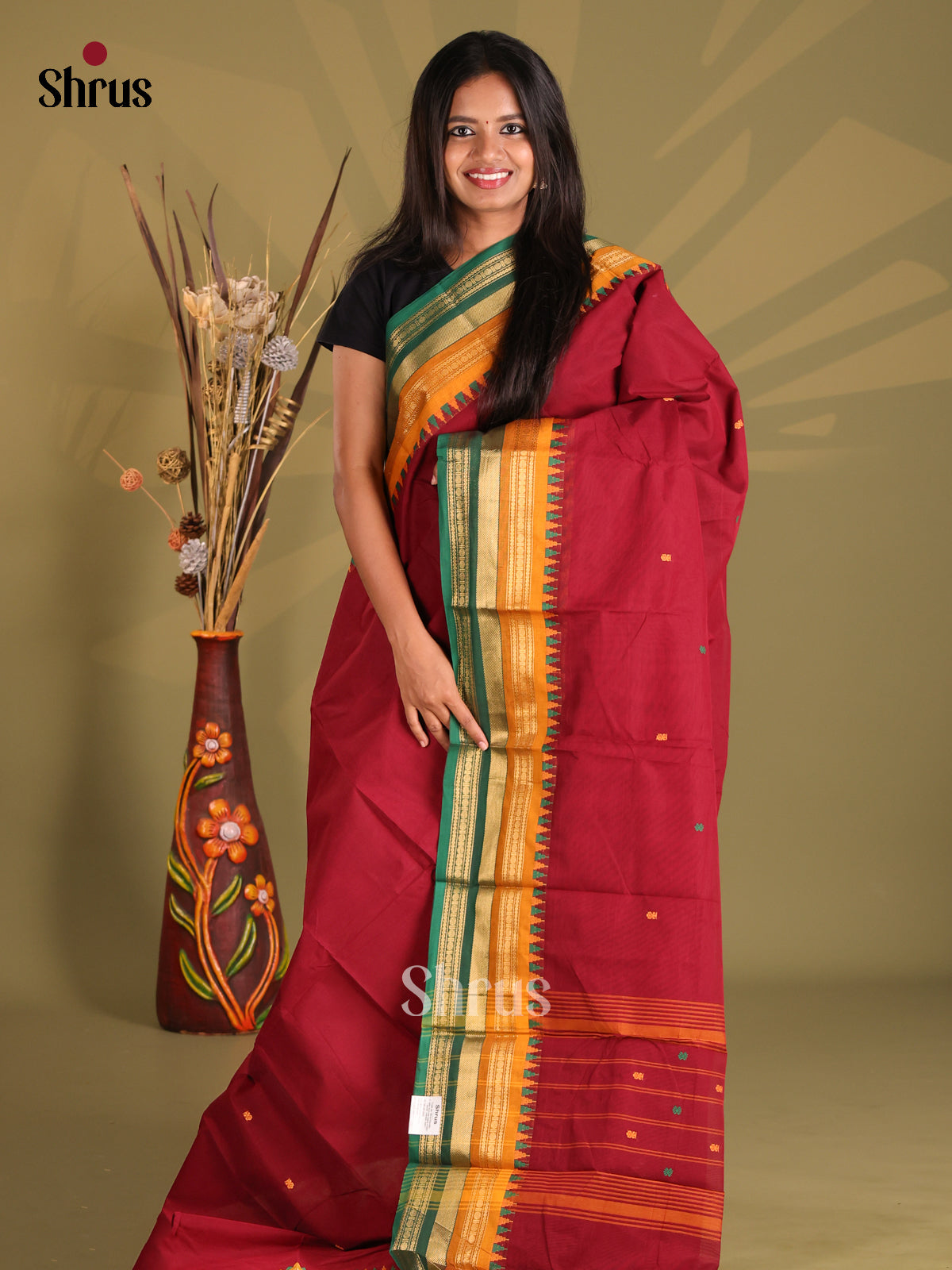 Maroon & Green - Chettinad Cotton Saree - Shop on Shrus.com