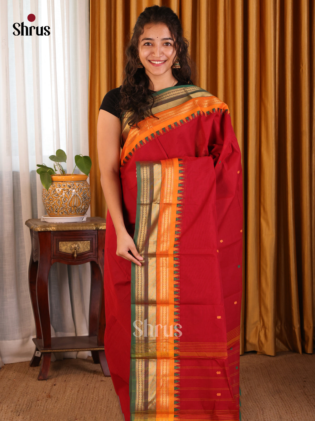 Red with Green - Chettinad Cotton Saree - Shop on Shrus.com