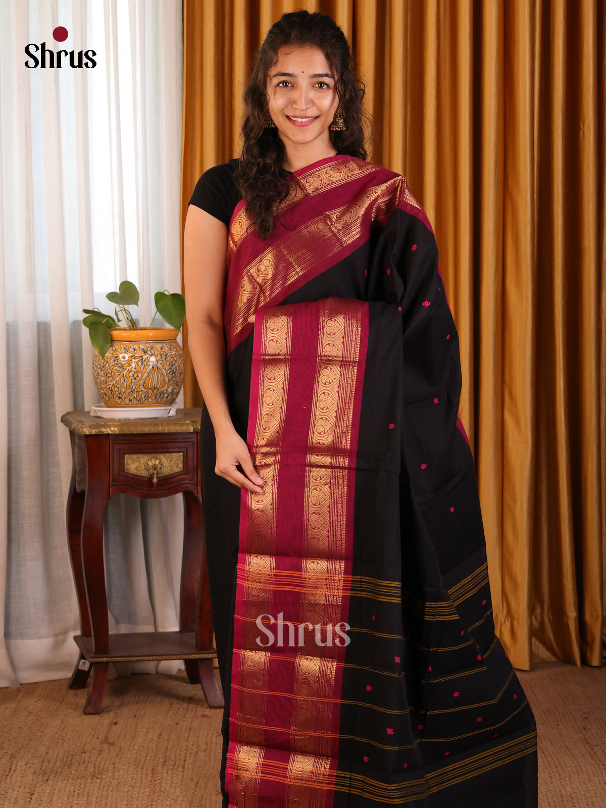 Black with Maroon- Chettinad Cotton Saree - Shop on Shrus.com
