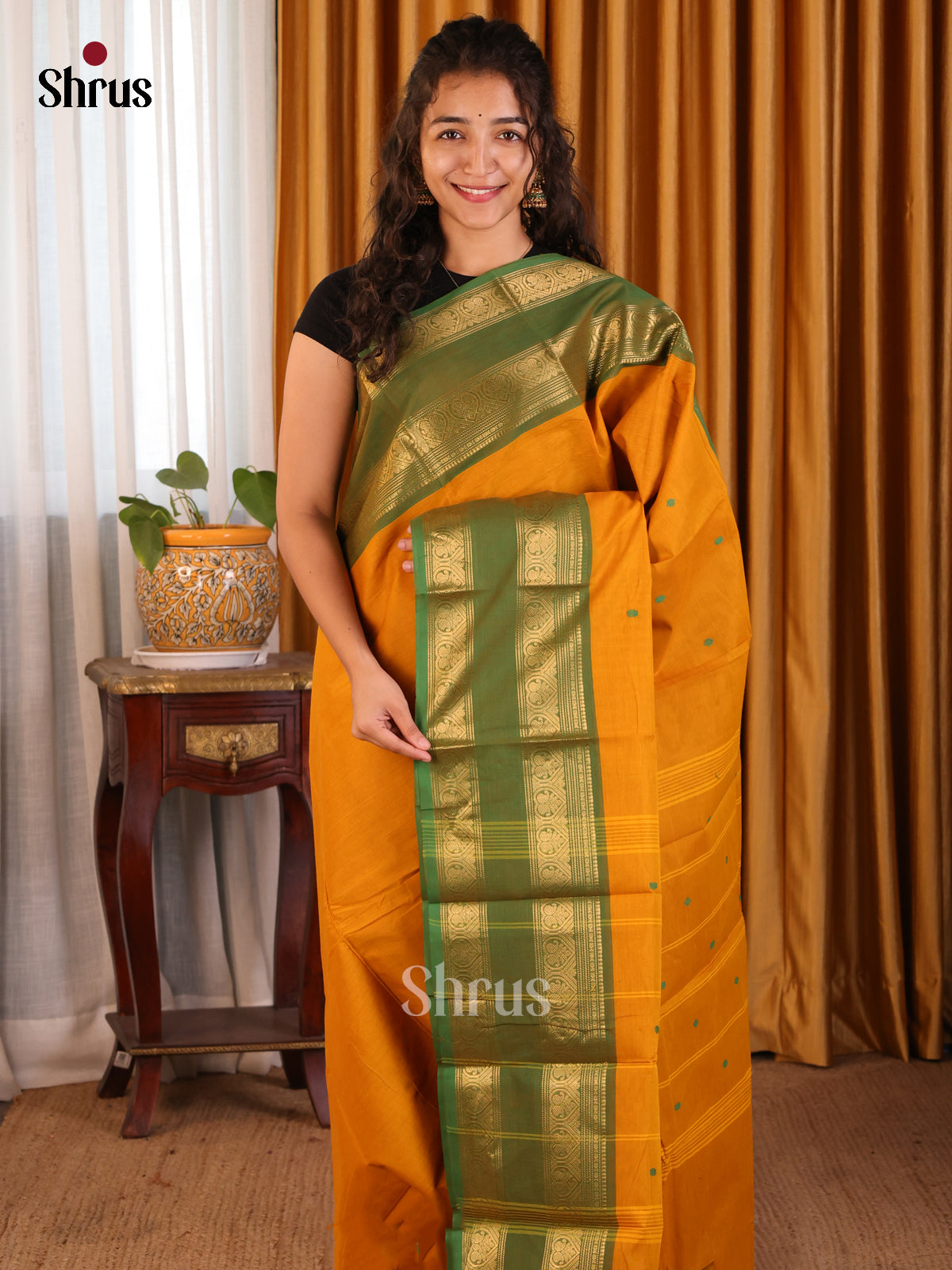 Classic Mustard & Green Chettinad Cotton Saree With Buttas & Zari Border - Shop on Shrus.com