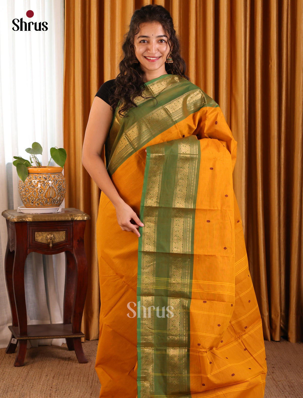 Bright Mustard Chettinad Cotton Saree with Green Zari Rettapet Border & Buttas - Shop on Shrus.com