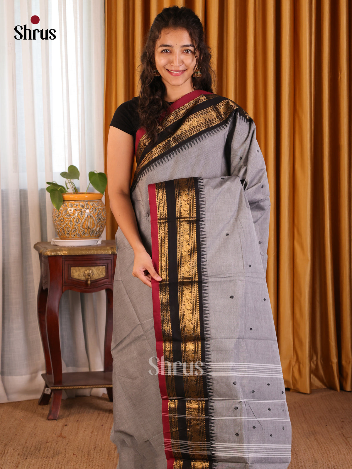 Grey with Black- Chettinad Cotton Saree - Shop on Shrus.com