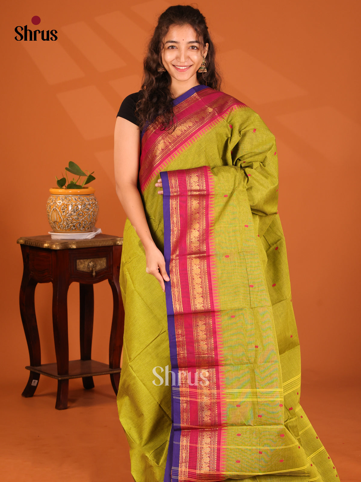 Timeless Lite Green Chettinad Cotton Saree with Maroon Zari Woven Border & Thread Buttas - Shop on Shrus.com