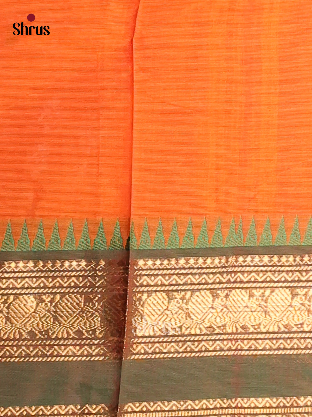 Exquisite Orange Chettinad Cotton Saree with Green Zari Woven Border - Shop on Shrus.com