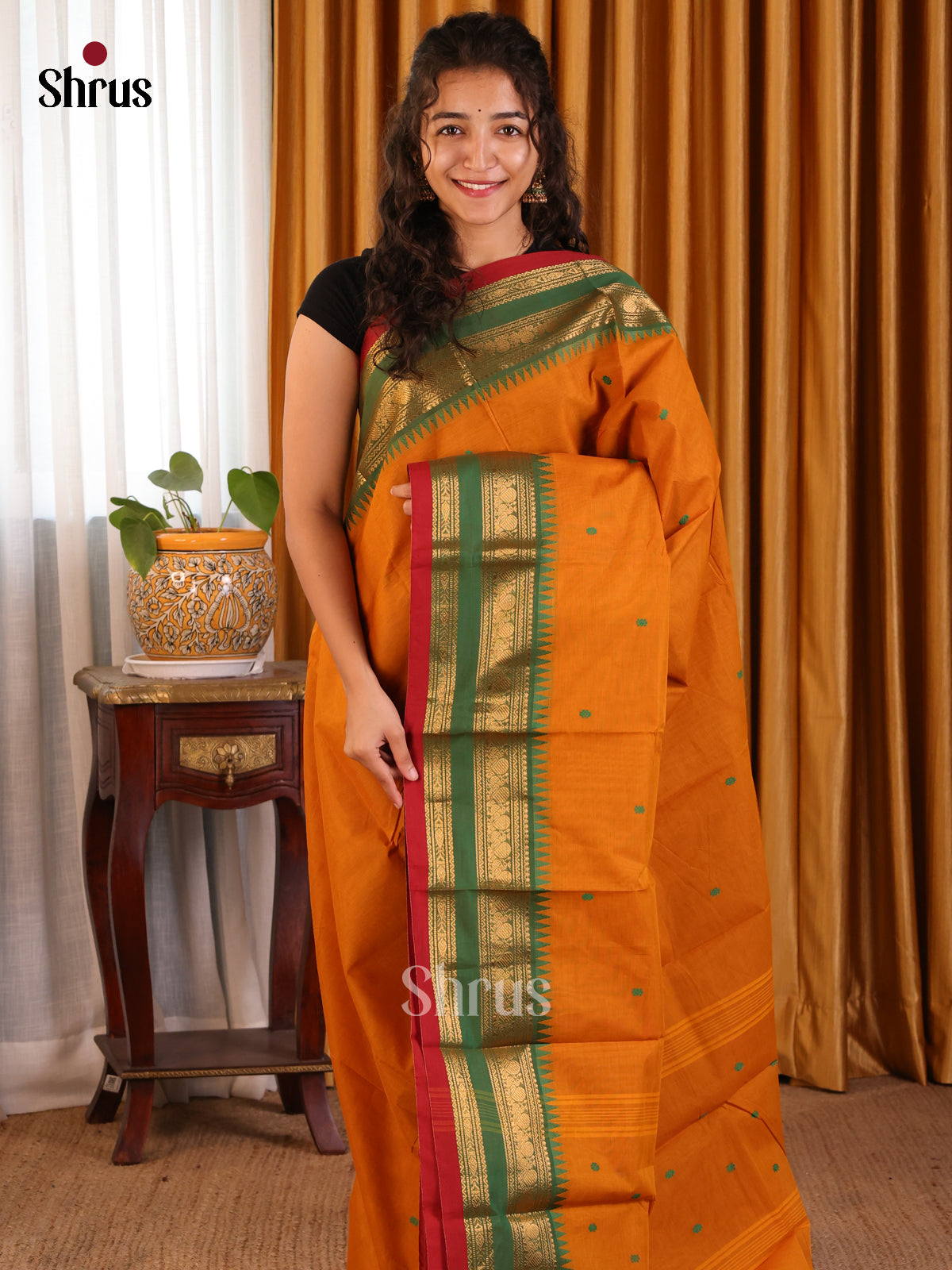 Chic Orange Chettinad Cotton Saree with Green Zari Woven Border - Shop on Shrus.com