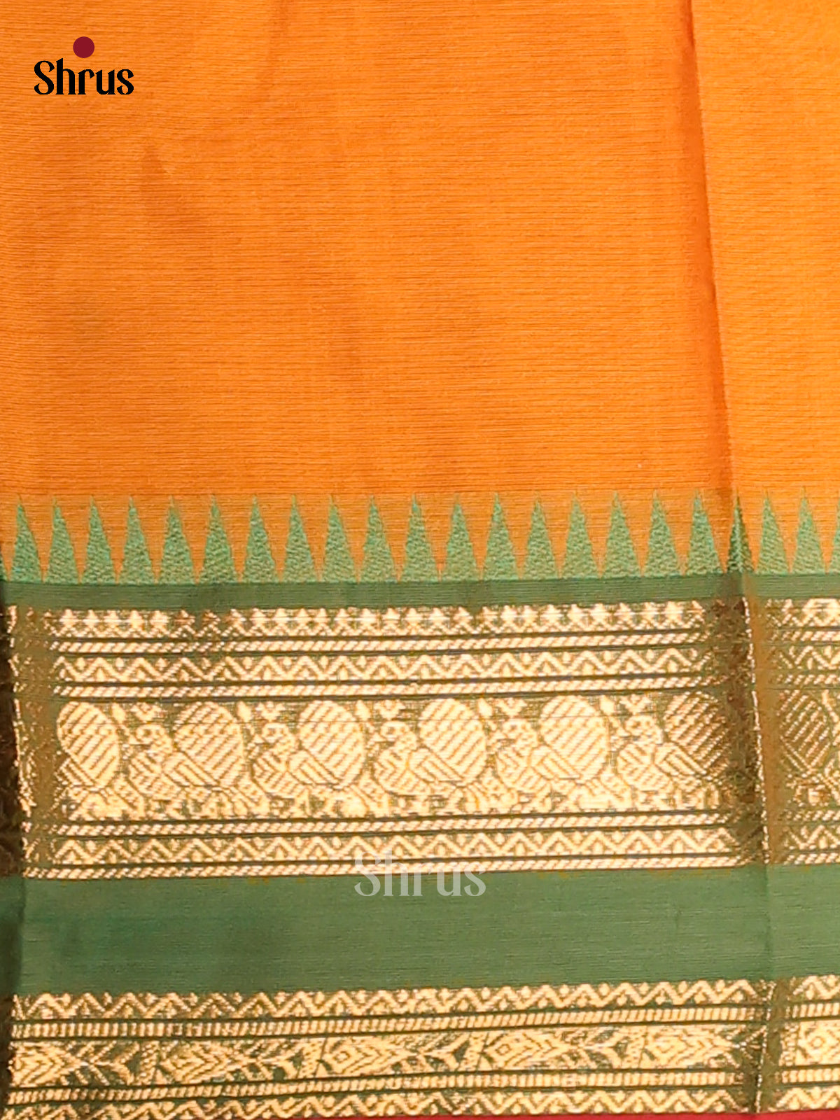 Chic Orange Chettinad Cotton Saree with Green Zari Woven Border - Shop on Shrus.com