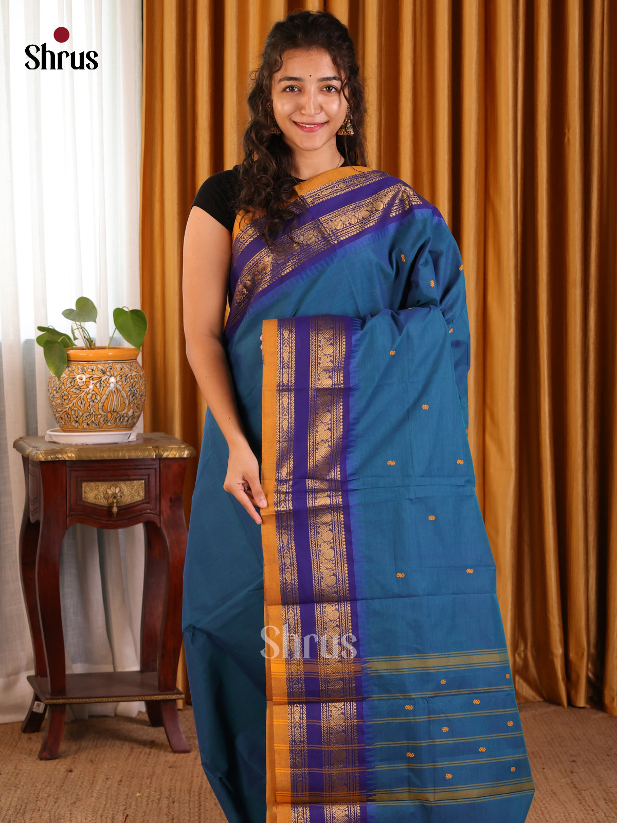 Teal with Blue- Chettinad Cotton Saree - Shop on Shrus.com