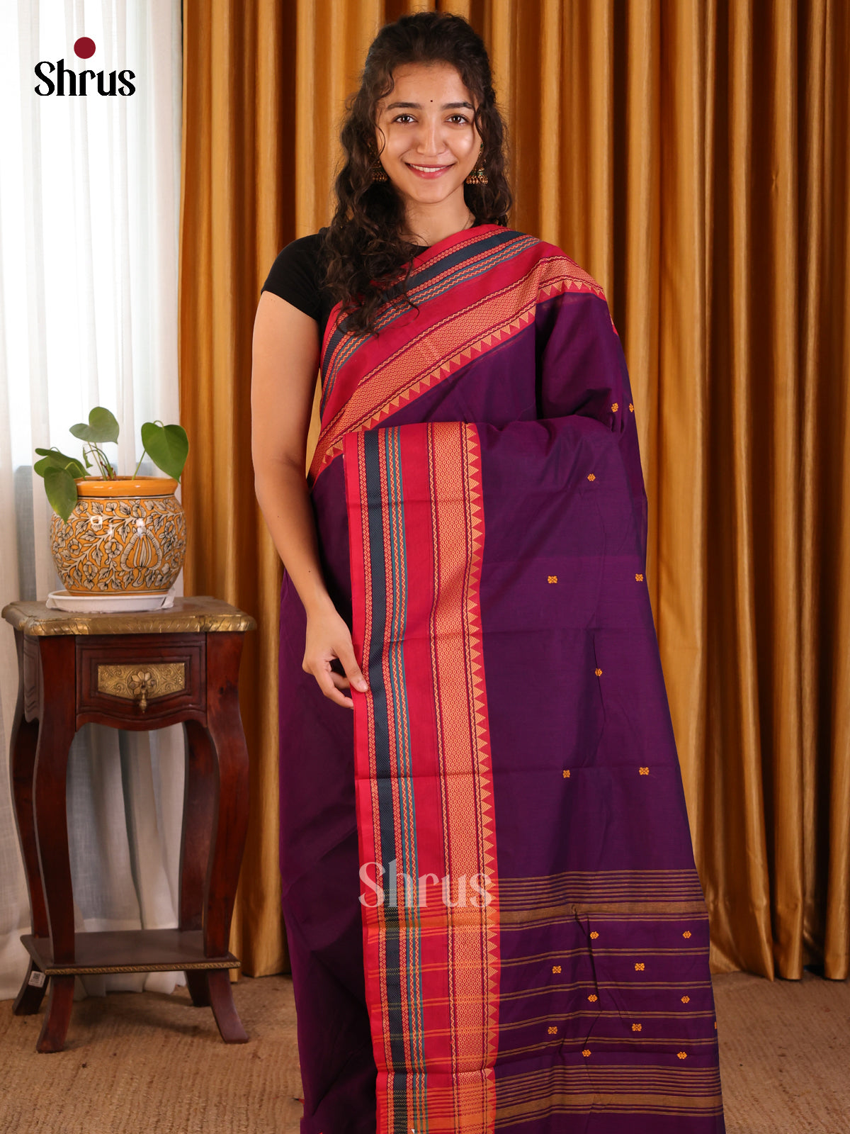 Violet Chettinad Cotton Saree with Thread Buttas & Red Zari Woven Border - Shop on Shrus.com
