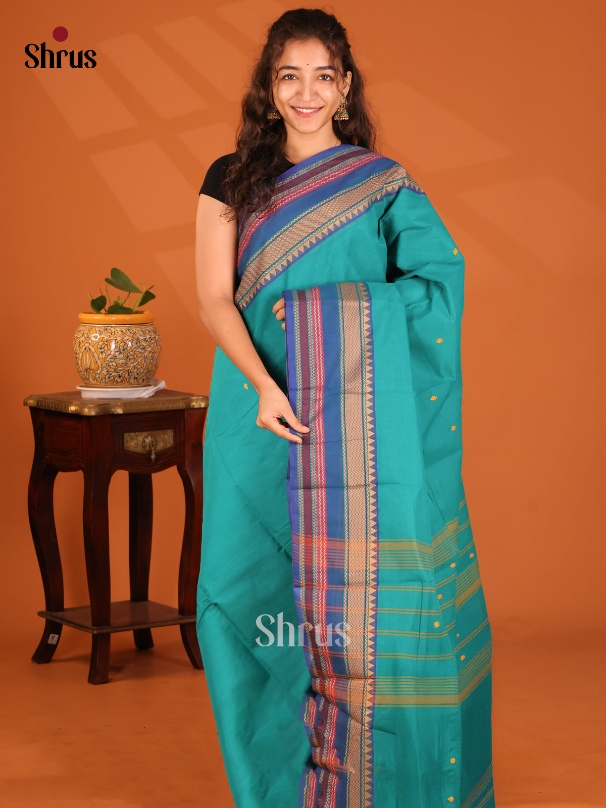 Beautiful Sky Blue Chettinad Cotton Saree with Thread Buttas & Blue Zari Border - Shop on Shrus.com