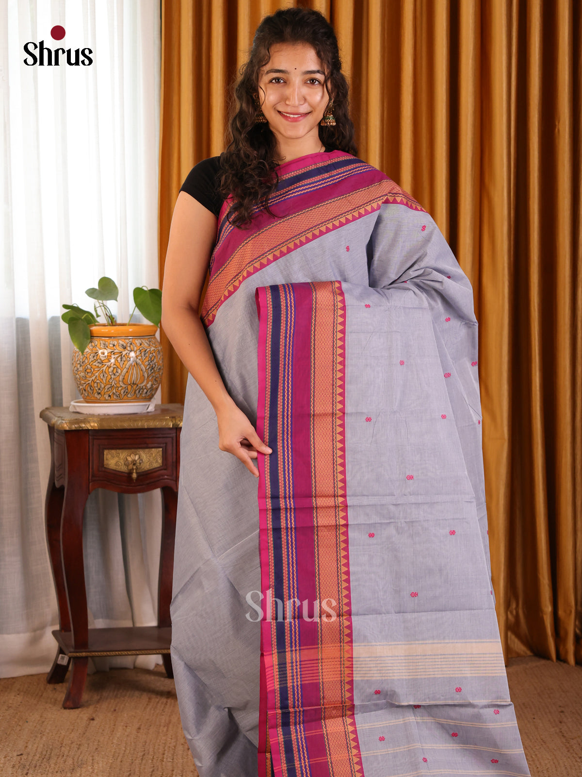 Beautiful Grey Chettinad Saree with Thread Woven Buttas & Maroon Zari Border - Shop on Shrus.com