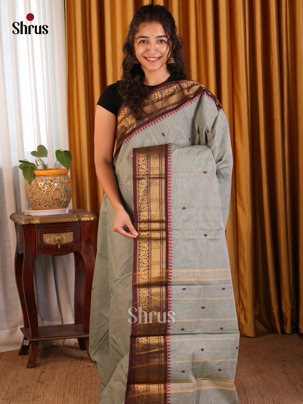 Grey & Maroon Chettinad Cotton Saree With Thread Woven Buttas & Zari Border - Shop on Shrus.com