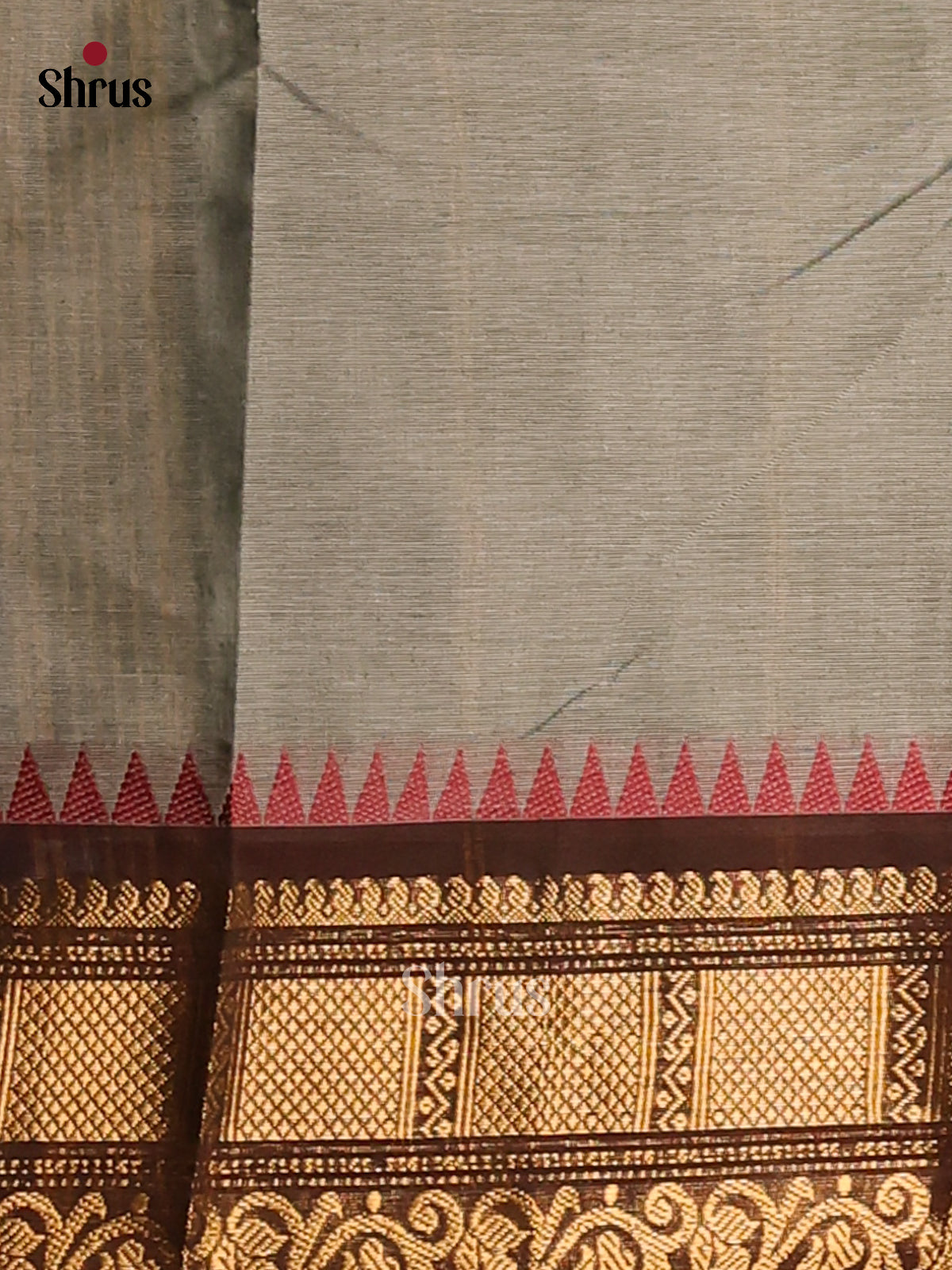 Grey & Maroon Chettinad Cotton Saree With Thread Woven Buttas & Zari Border - Shop on Shrus.com