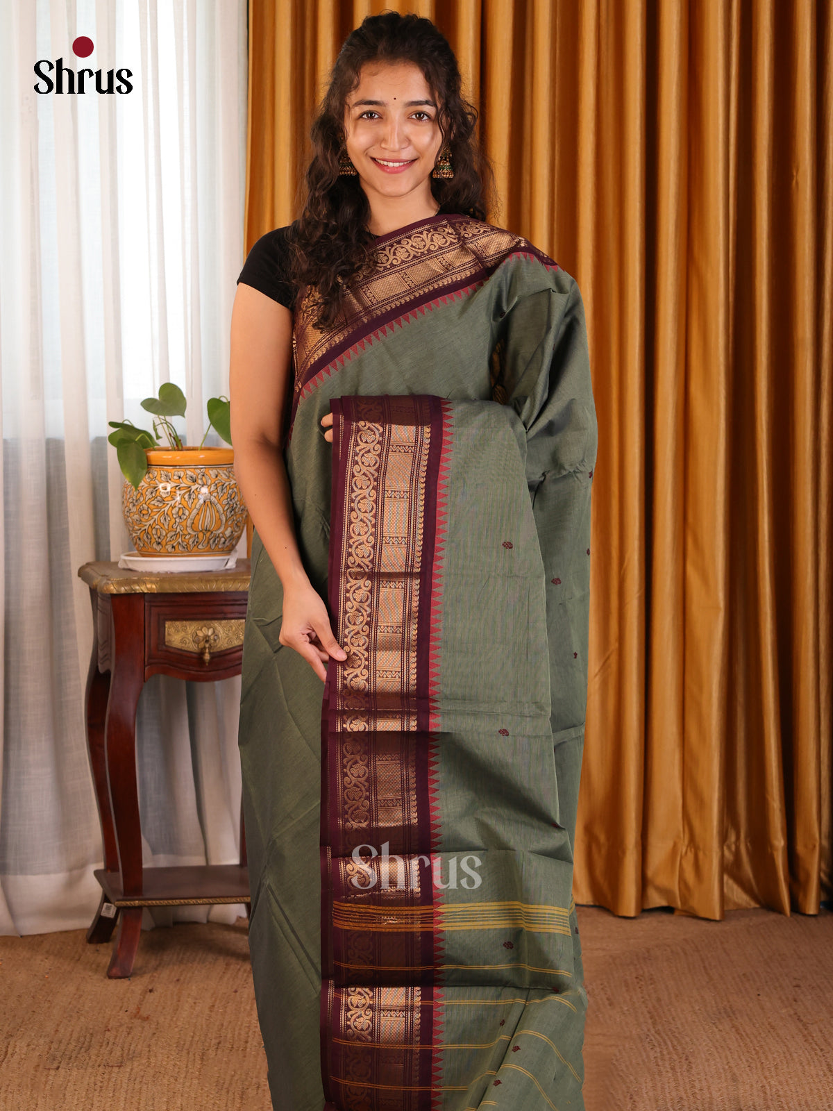 Grey with Maroon- Chettinad Cotton Saree - Shop on Shrus.com