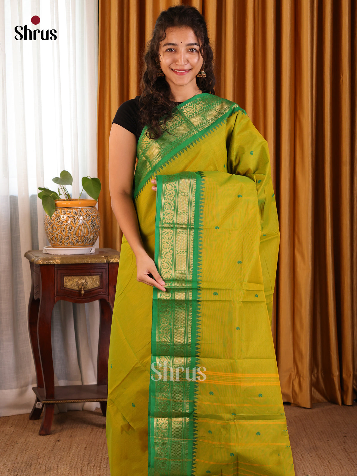 Lite Green with Green - Chettinad Cotton Saree - Shop on Shrus.com
