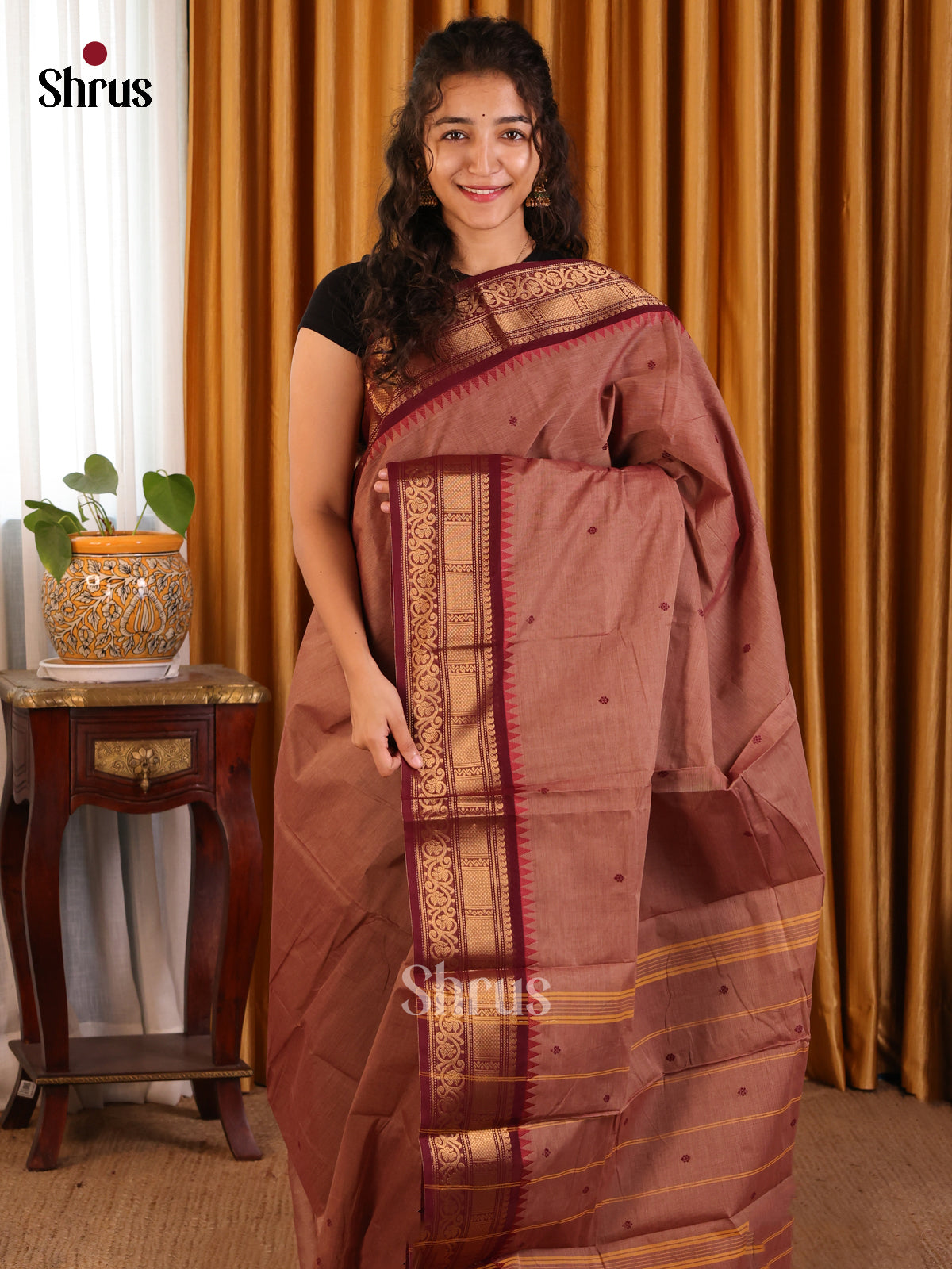 Earthy Brown Chettinad Cotton Saree with Maroon Zari Woven Border - Shop on Shrus.com