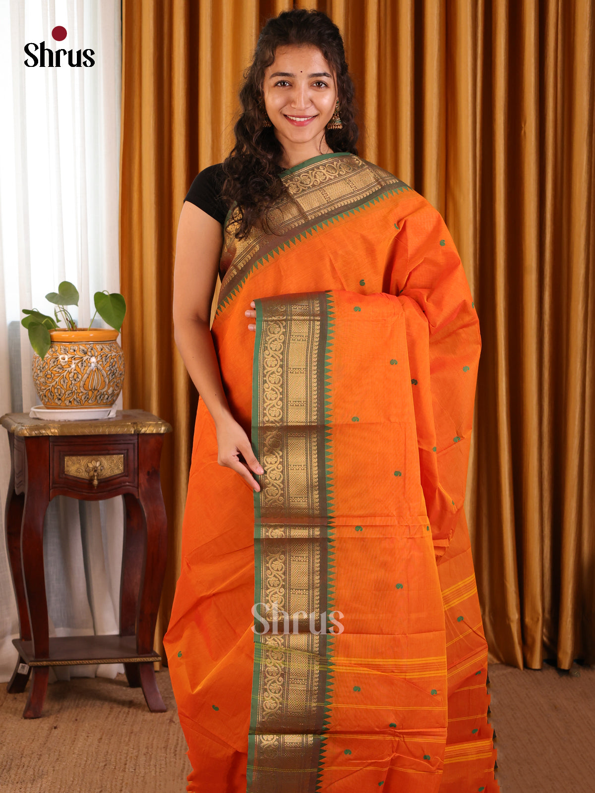 Chic Orange Chettinad Cotton Saree with Buttas & Green Zari Woven Border & Pallu - Shop on Shrus.com