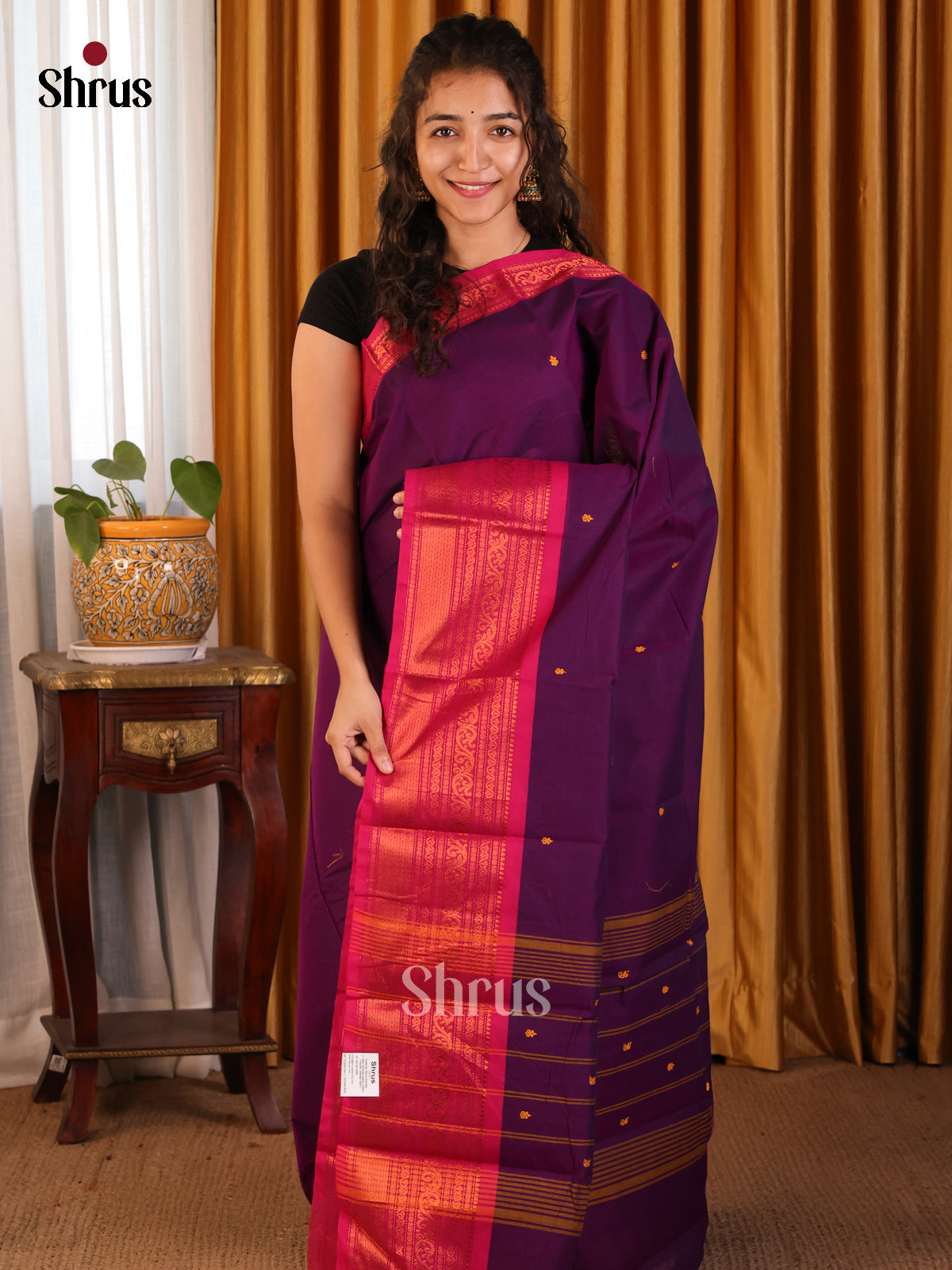 Enchanting Violet & Pink Zari Chettinad Cotton Saree With Thread Buttas & Zari Border - Shop on Shrus.com