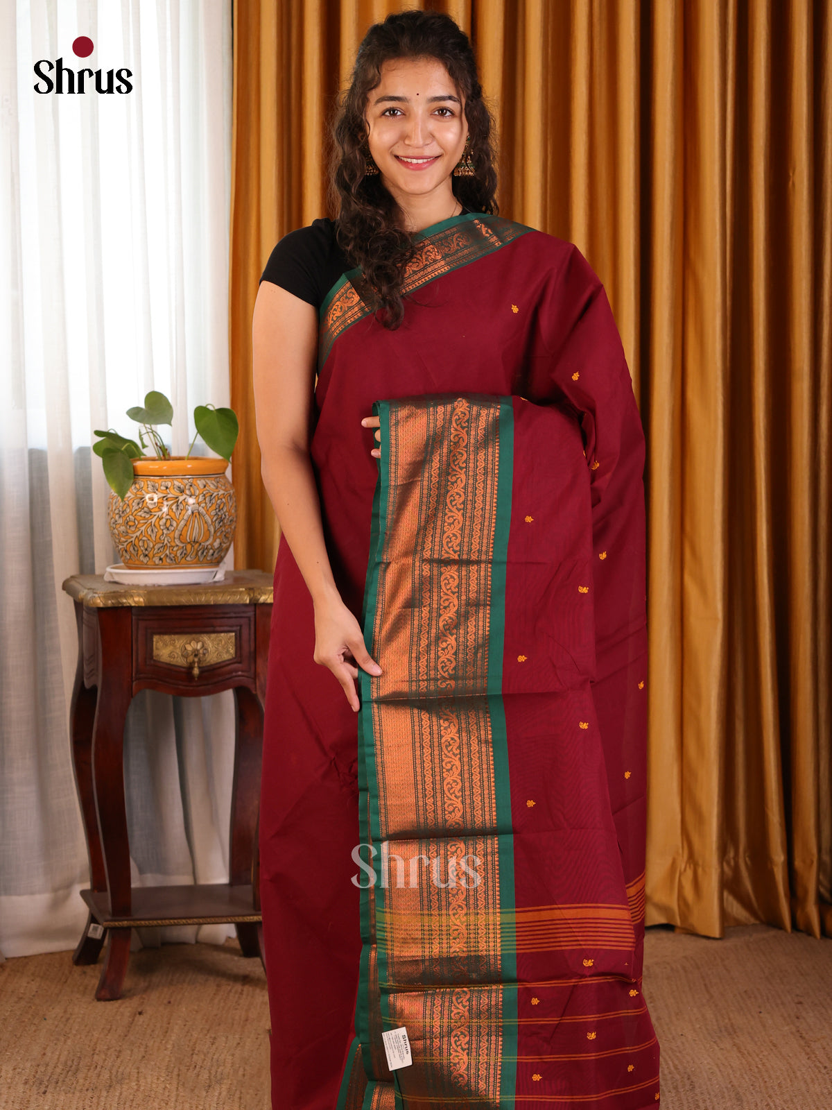 Classy Maroon Chettinad Cotton Saree with Thread Woven Buttas & Green Zari Border - Shop on Shrus.com
