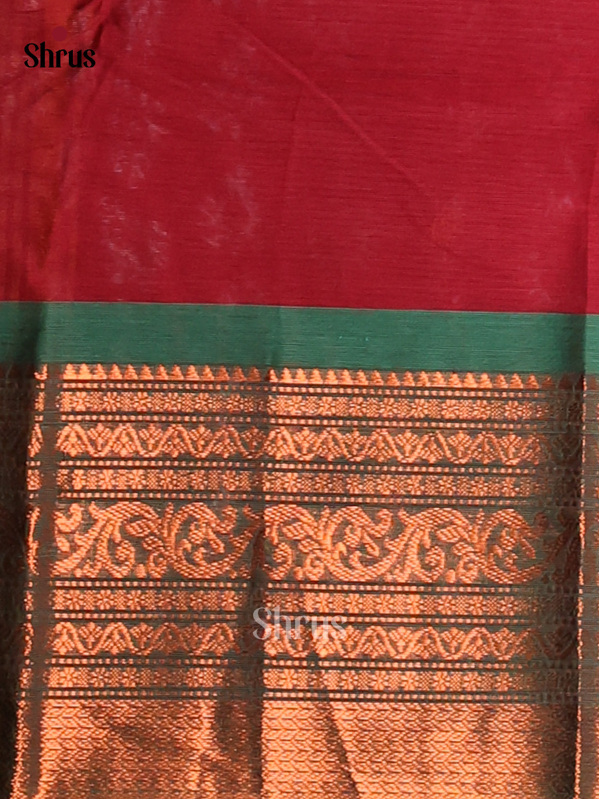 Classy Maroon Chettinad Cotton Saree with Thread Woven Buttas & Green Zari Border - Shop on Shrus.com