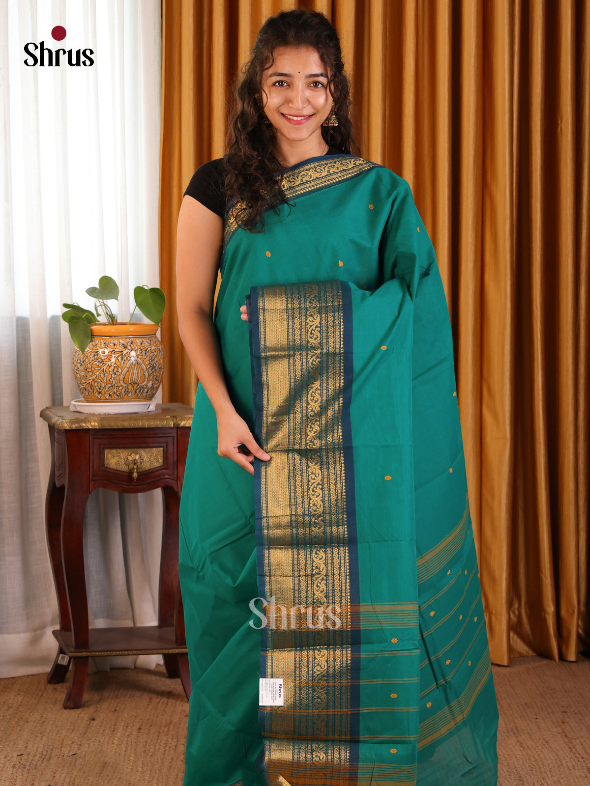 Subtle Green Chettinad Saree with Thread Woven Buttas & Blue Zari Border - Shop on Shrus.com