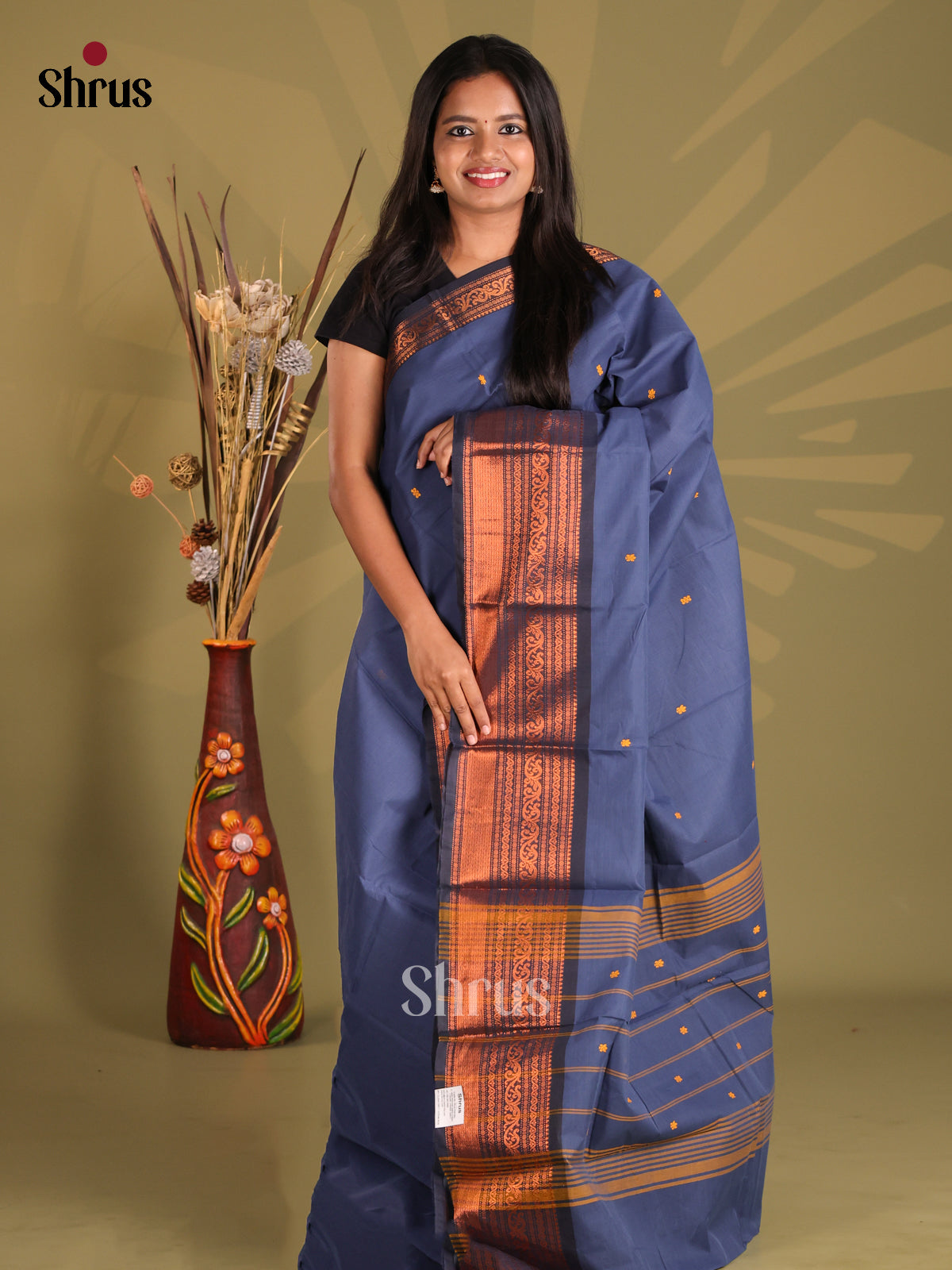 Blue & Navy Blue- Chettinad Cotton Saree - Shop on Shrus.com