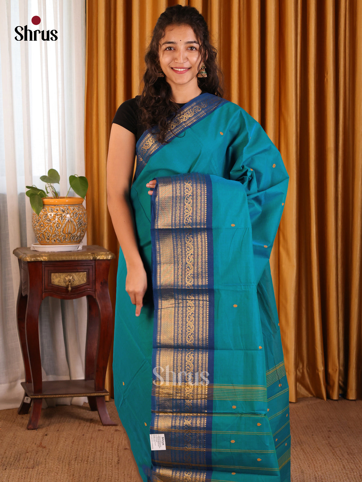 Enchanting Teal Chettinad Cotton Saree with Blue Zari Border & Self Pallu - Shop on Shrus.com