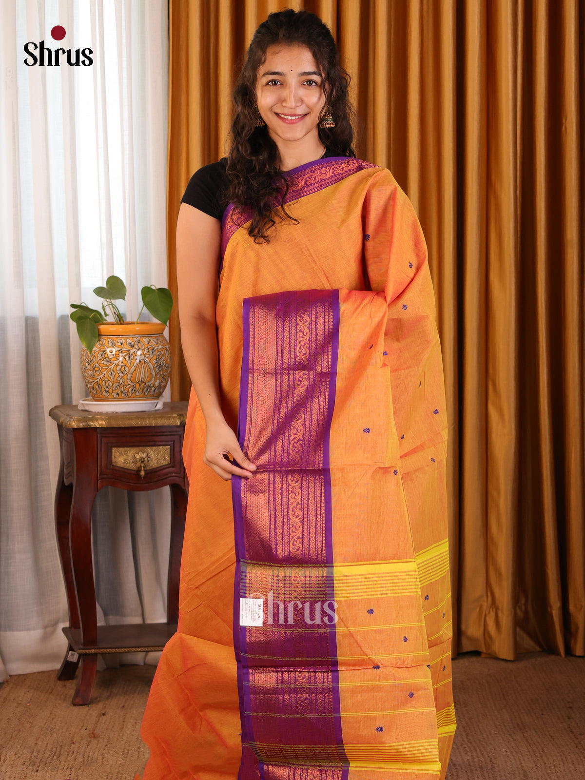 Charming Orange Chettinad Cotton Saree with thread buttas & Violet Zari Border - Shop on Shrus.com