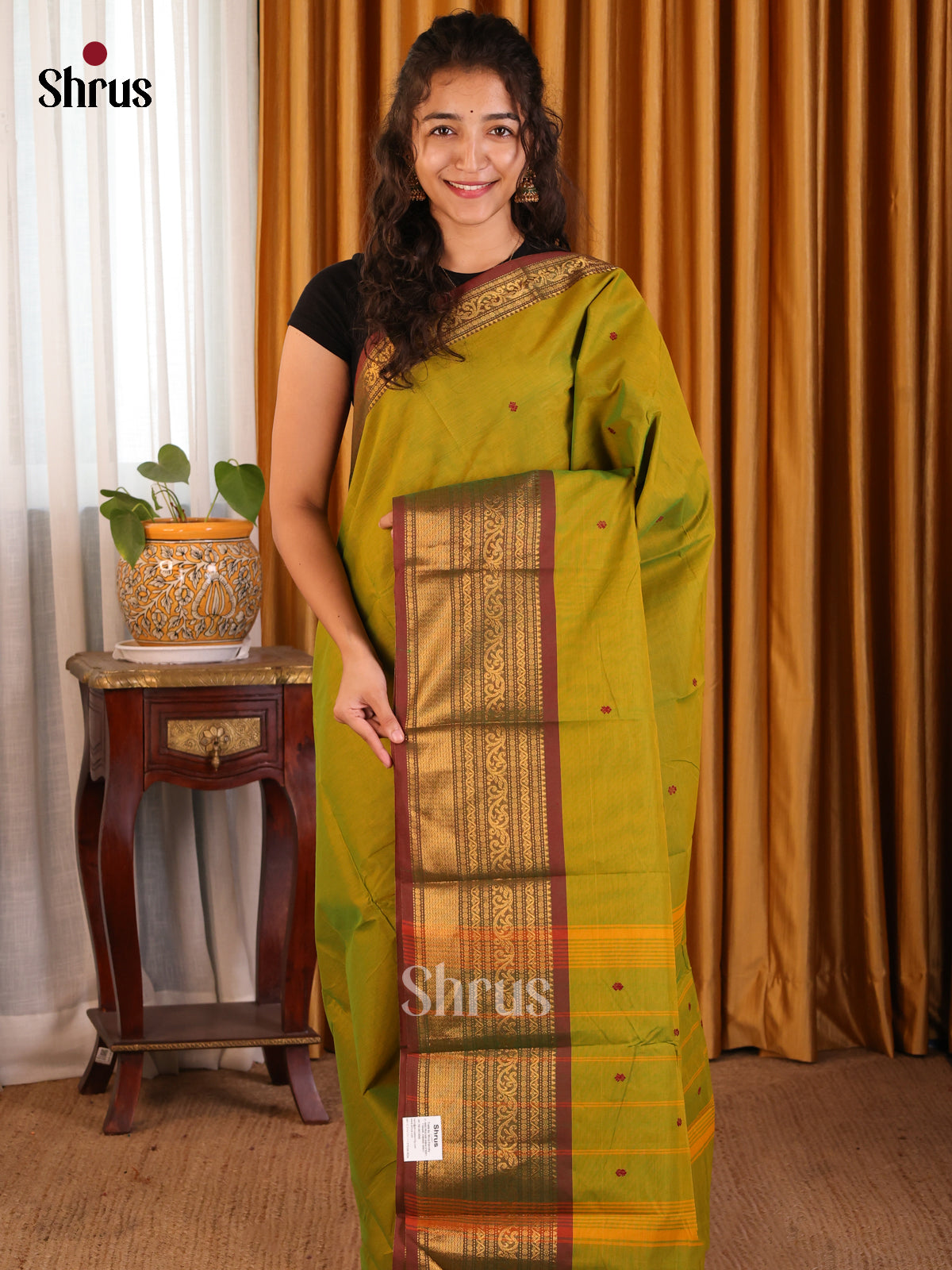 Green with Brown- Chettinad Cotton Saree - Shop on Shrus.com