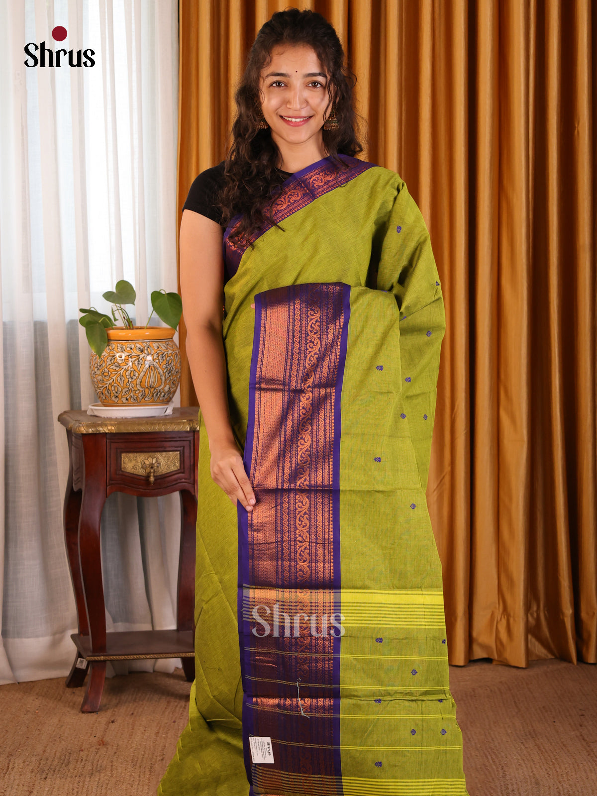 Elegant Lite Green Chettinad Cotton Saree with Blue Zari Woven Border - Shop on Shrus.com