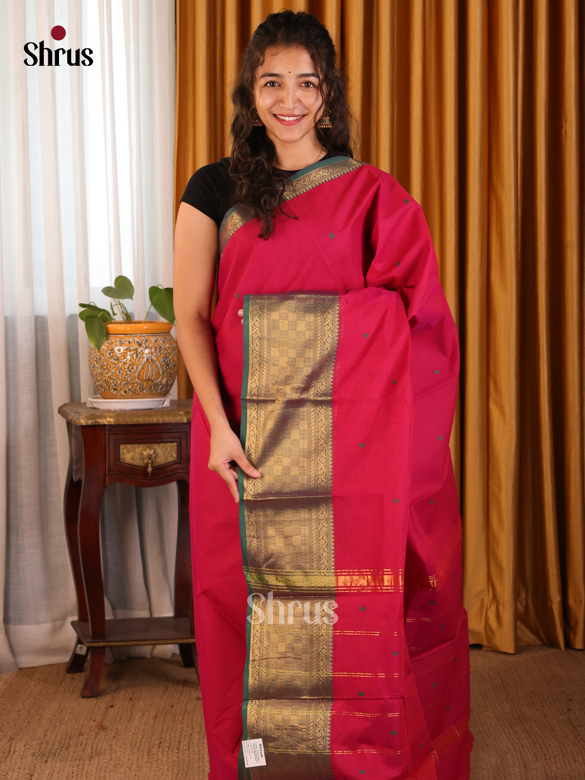 Fiery Red Chettinad Cotton Saree with Green Zari Woven Border & Thread buttas - Shop on Shrus.com