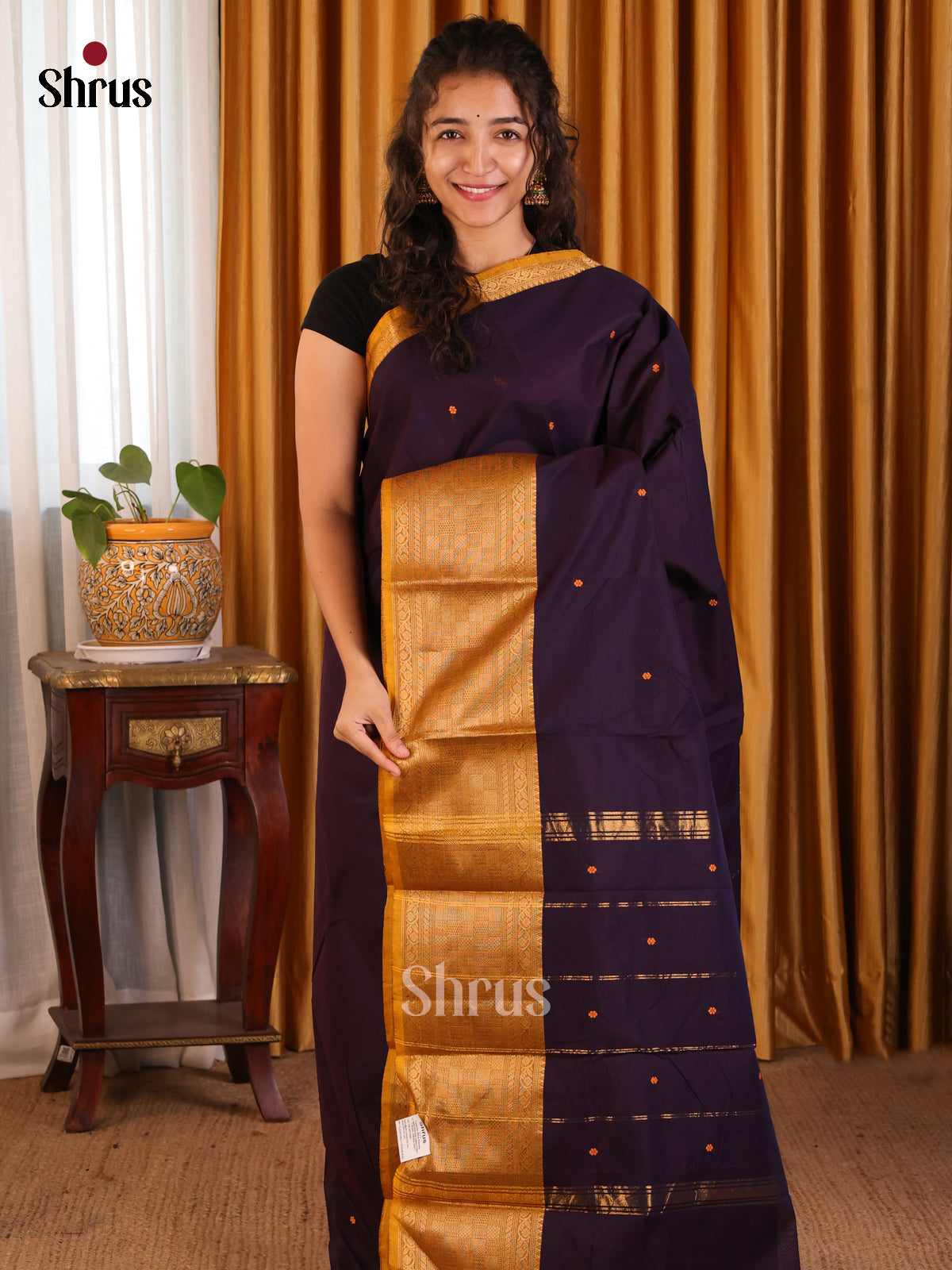 Classy Violet Chettinad Cotton Saree with Mustard Zari Woven Border & Buttas - Shop on Shrus.com