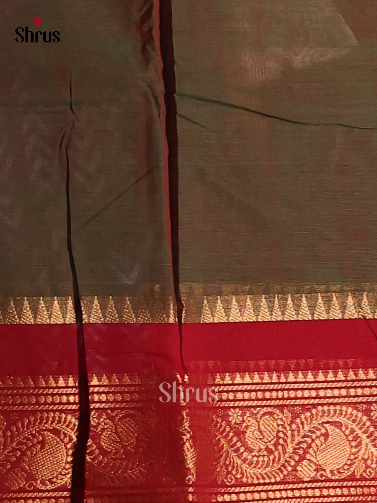 Green Handloom Chettinad Cotton Saree with Thread Buttas & Red Zari Woven Border - Shop on Shrus.com
