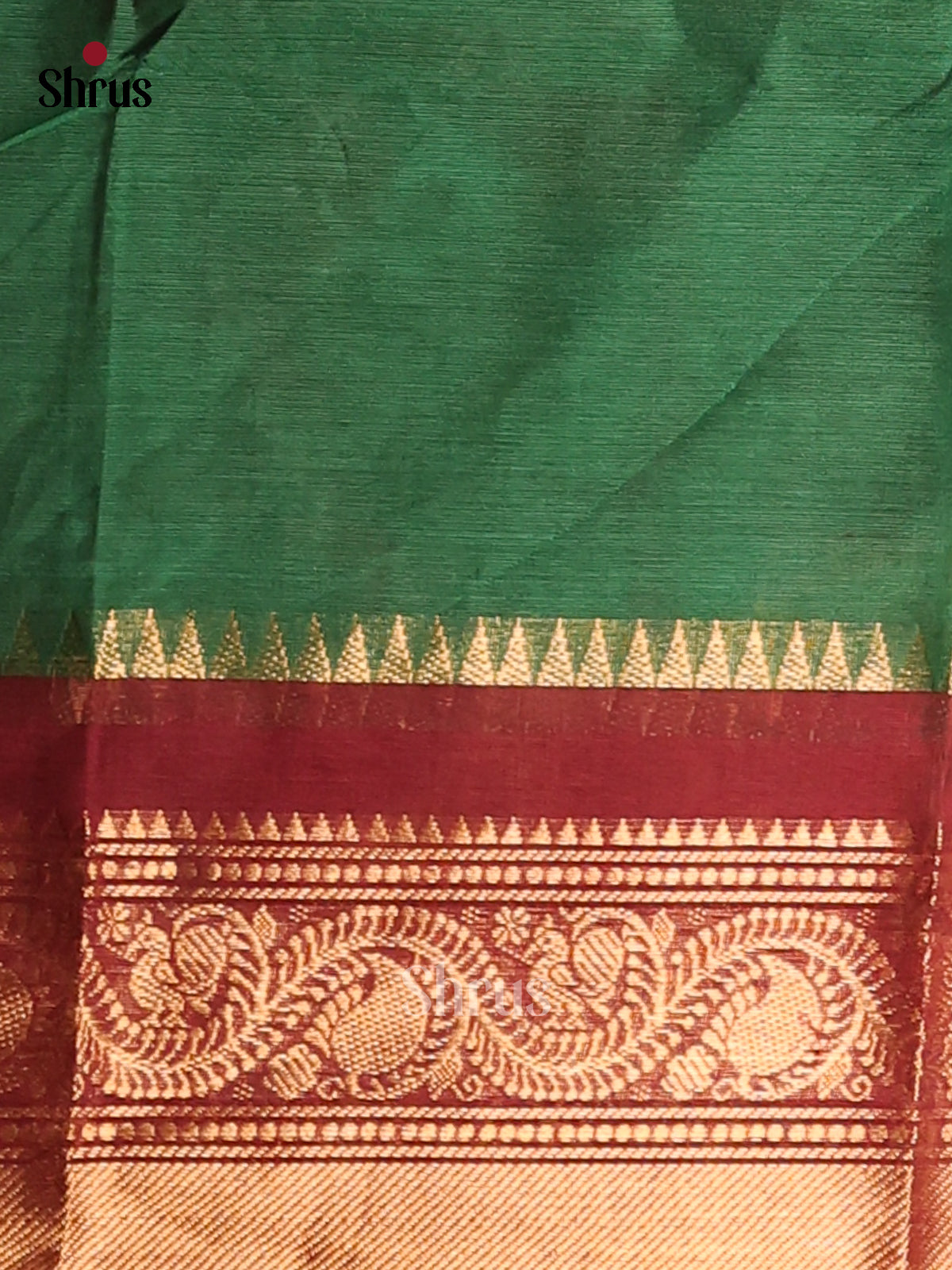 Pretty Green Chettinad Cotton Saree with Buttas & Maroon Zari Woven Border - Shop on Shrus.com