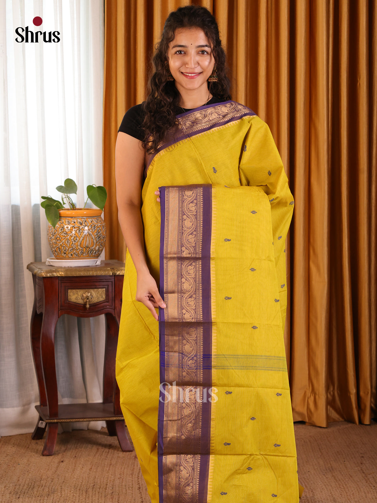 Yellow & Violet - Chettinad Cotton Saree - Shop on Shrus.com