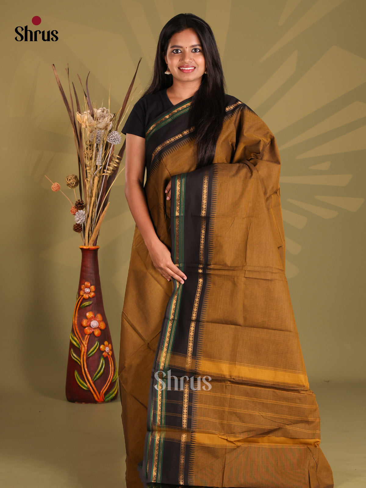 Mehandi & Black - Chettinad Cotton Saree - Shop on Shrus.com