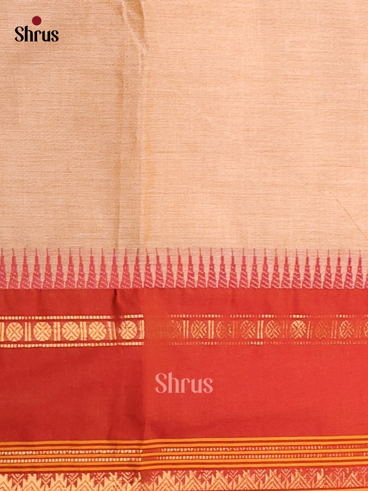 Elegant Beige Chettinad Cotton Saree with Red Rettapet Border - Shop on Shrus.com