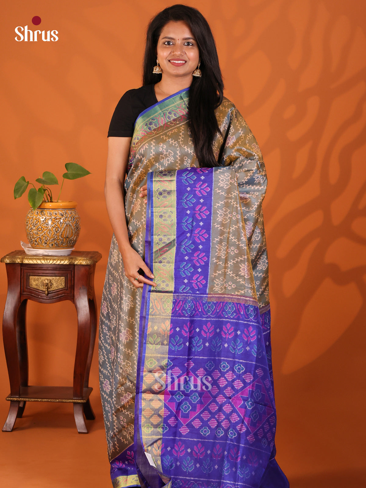 Grey with Blue- Semi Patola Saree - Shop on Shrus.com