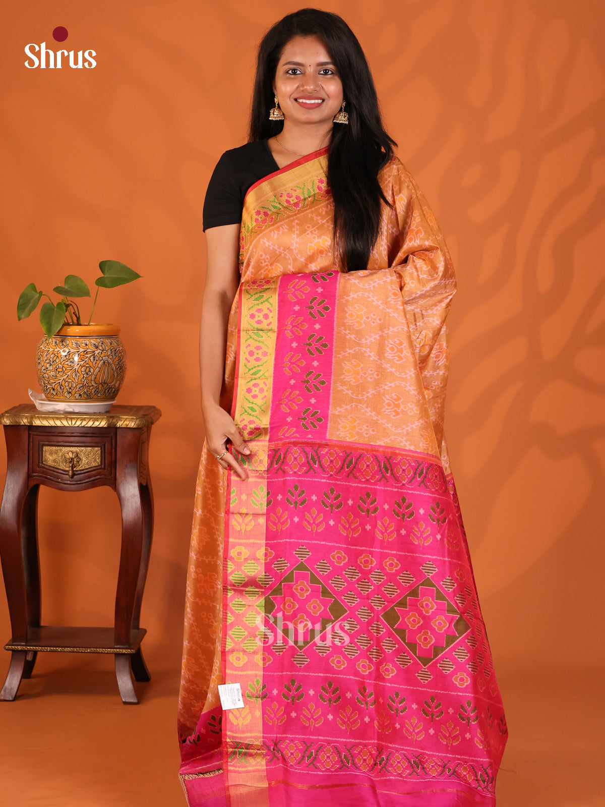 Dark Mustard with Pink - Semi Patola Saree - Shop on Shrus.com