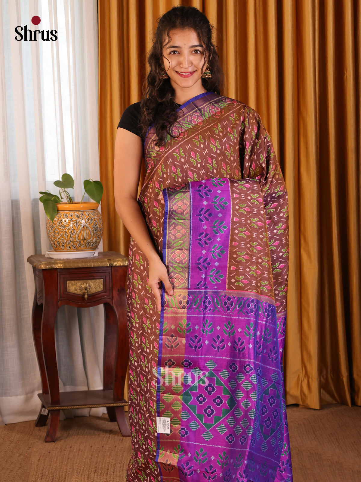 Brown with Purple- Semi Patola Saree - Shop on Shrus.com