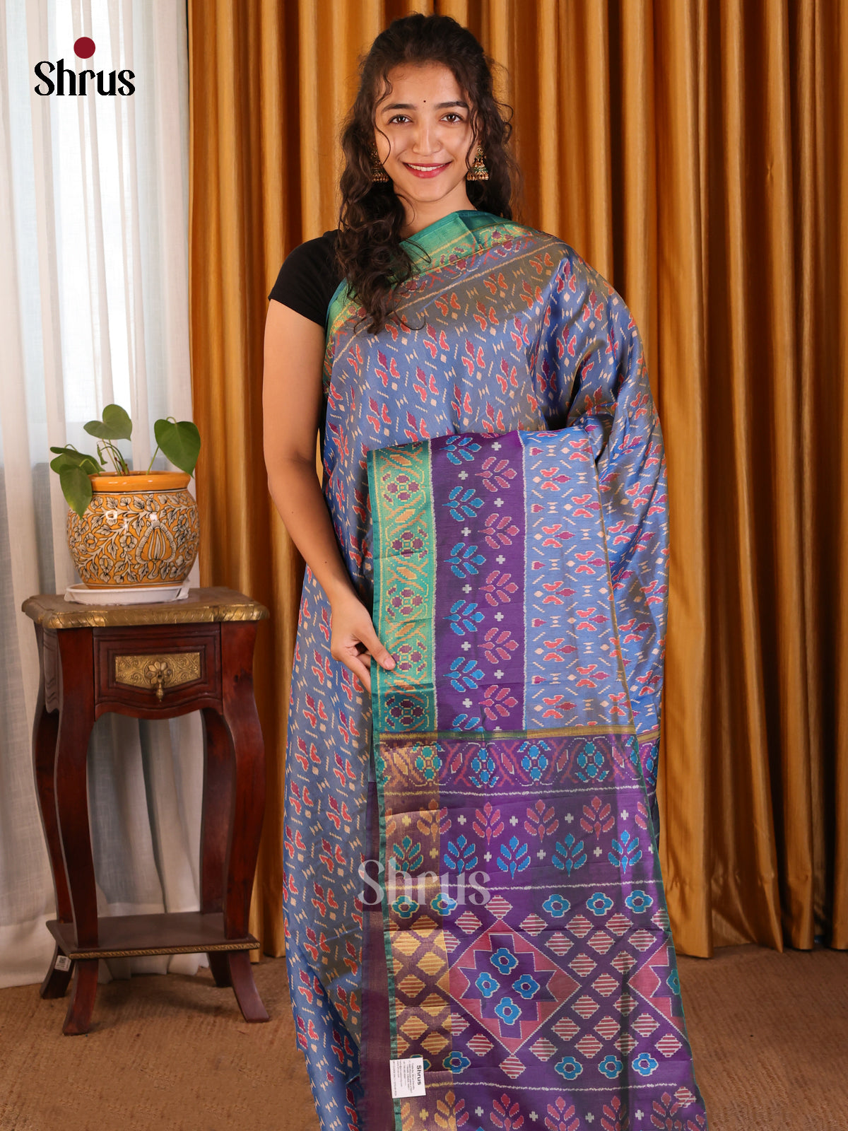 Blue with Purple- Semi Patola Saree - Shop on Shrus.com