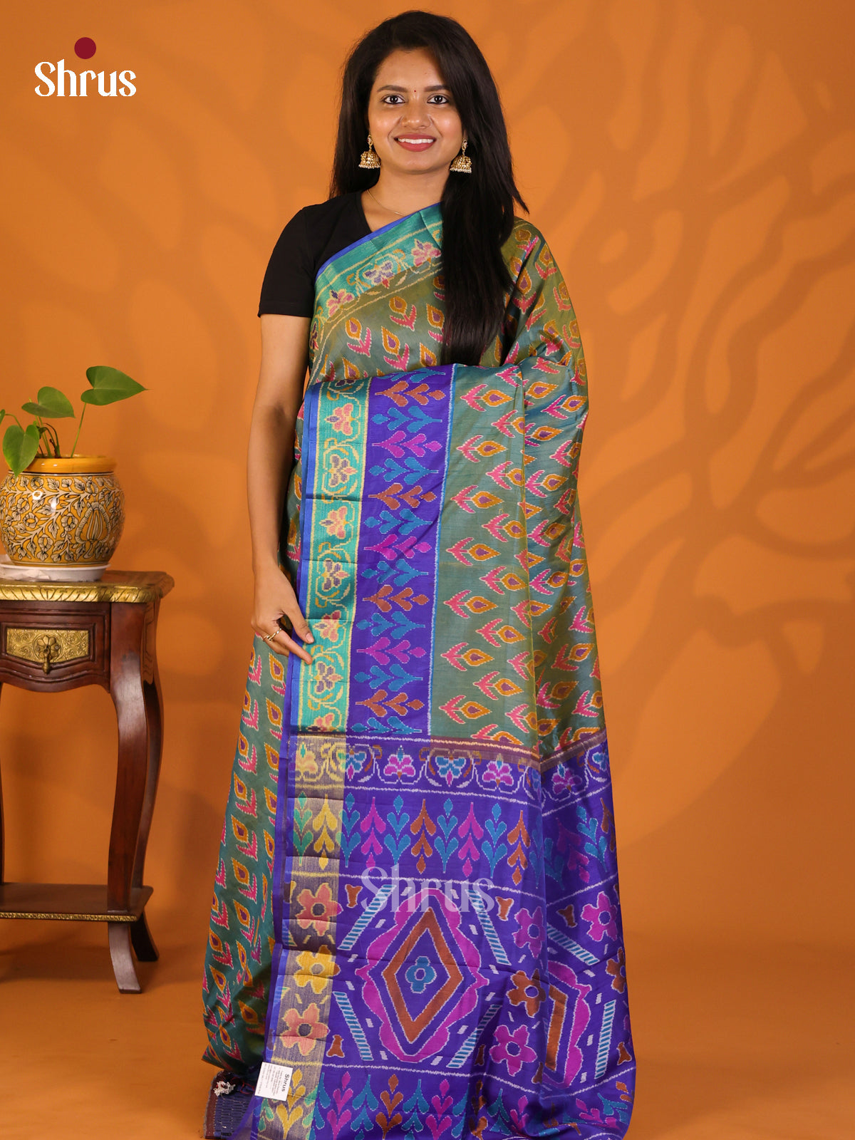 Double Shaded Green with Blue - Semi Patola Saree - Shop on Shrus.com