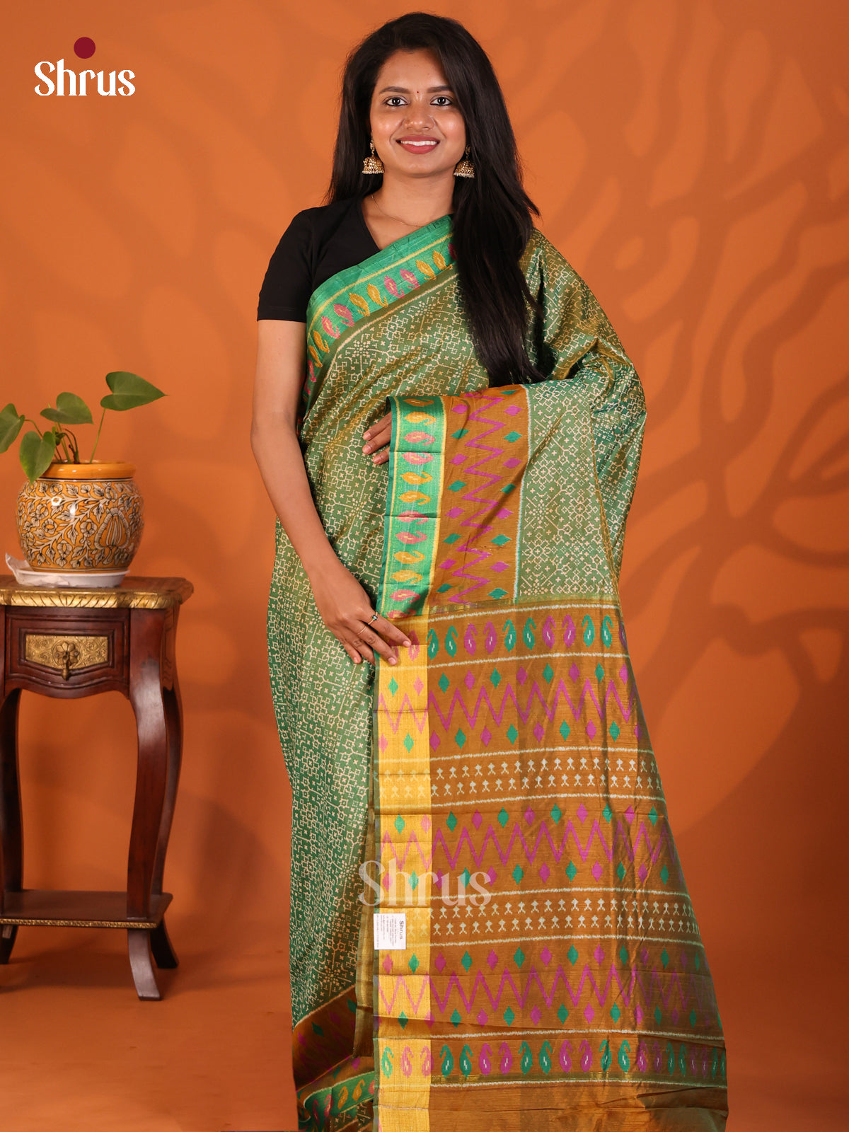 Green with Brown - Semi Patola Saree - Shop on Shrus.com