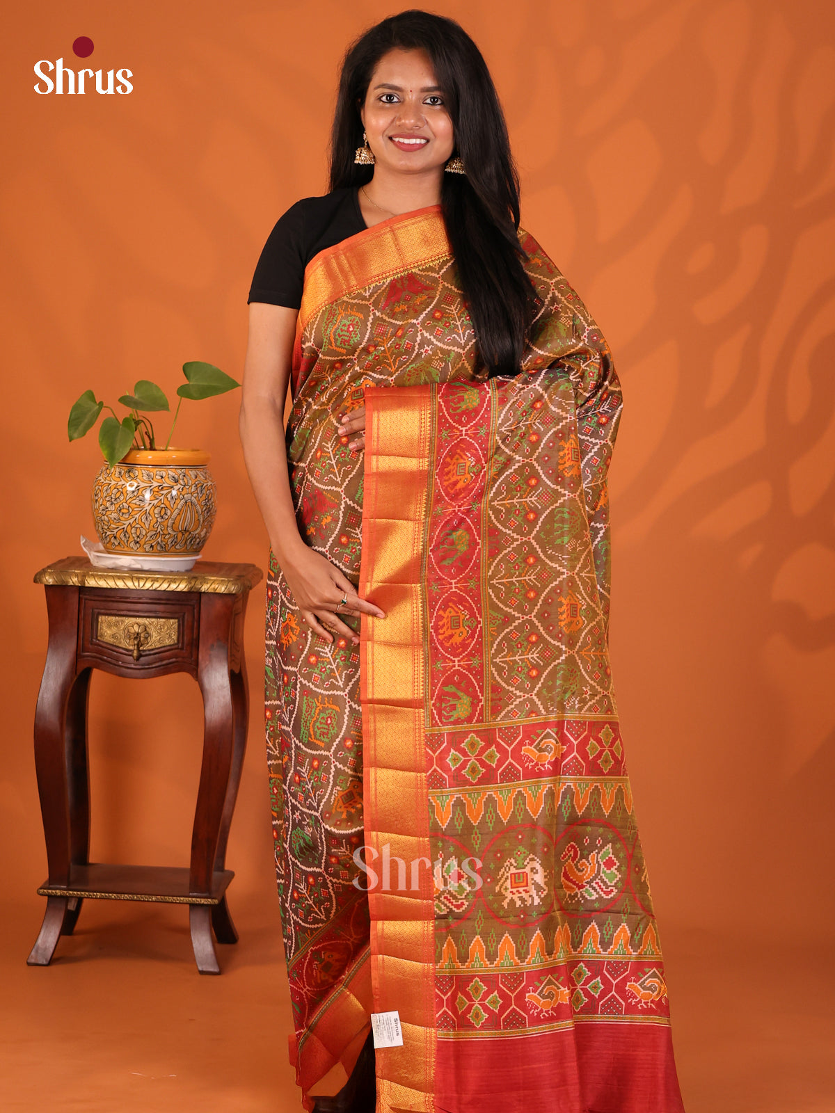 Brown with Orange - Semi Patola Saree - Shop on Shrus.com