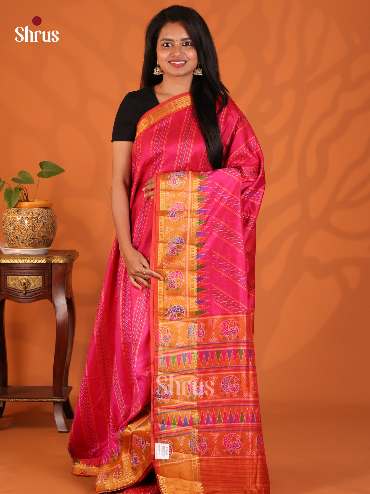Pink with Orange - Semi Patola Saree - Shop on Shrus.com