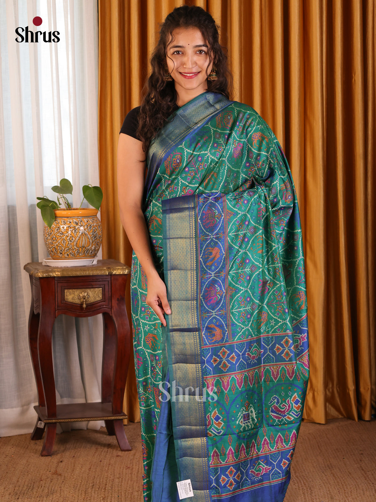 Green with blue- Semi Patola Saree - Shop on Shrus.com